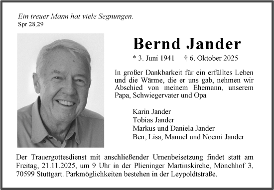 Traueranzeige von Bernd Jander von Stuttgarter Zeitung / Stuttgarter Nachrichten