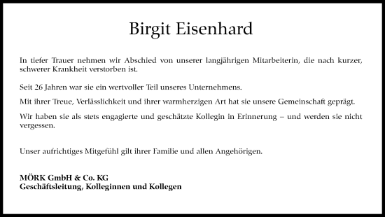 Traueranzeige von Birgit Eisenhard von Leonberger Kreiszeitung / Strohgäu Extra