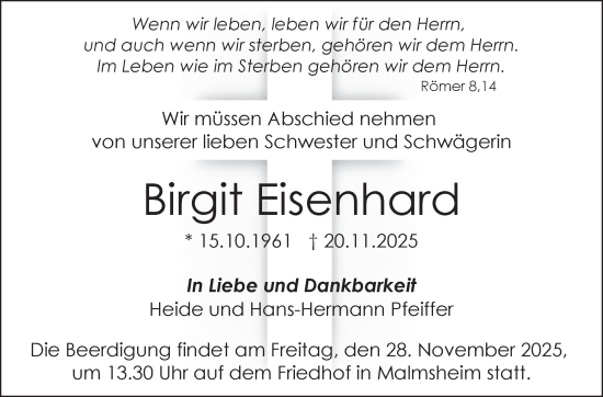 Traueranzeige von Birgit Eisenhard von Leonberger Kreiszeitung / Strohgäu Extra