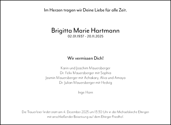 Traueranzeige von Brigitta Marie Hartmann von Leonberger Kreiszeitung / Strohgäu Extra