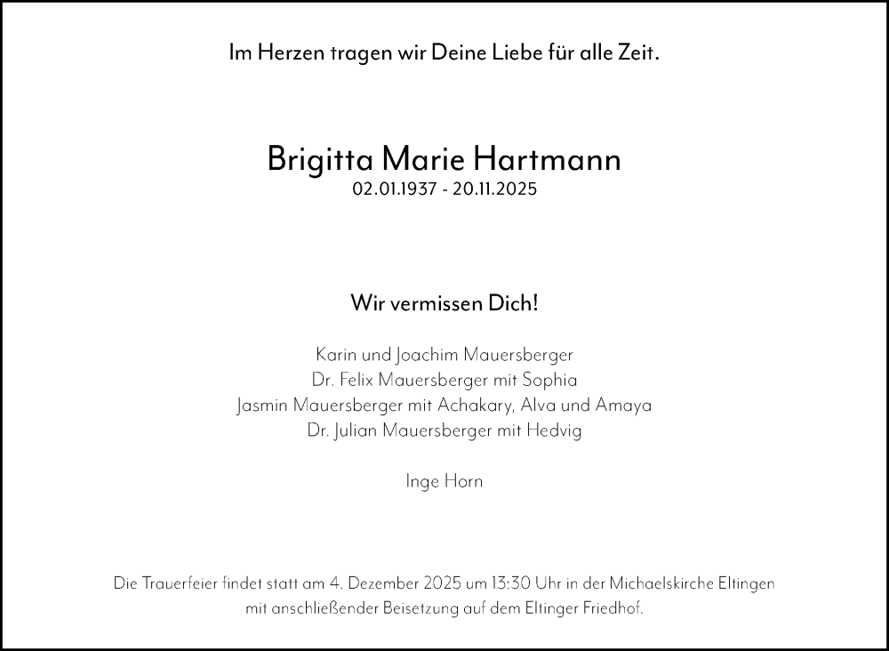  Traueranzeige für Brigitta Marie Hartmann vom 29.11.2025 aus Leonberger Kreiszeitung / Strohgäu Extra