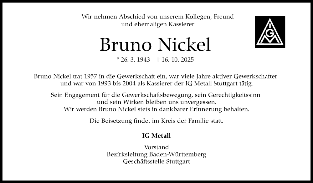  Traueranzeige für Bruno Nickel vom 10.11.2025 aus Stuttgarter Zeitung / Stuttgarter Nachrichten