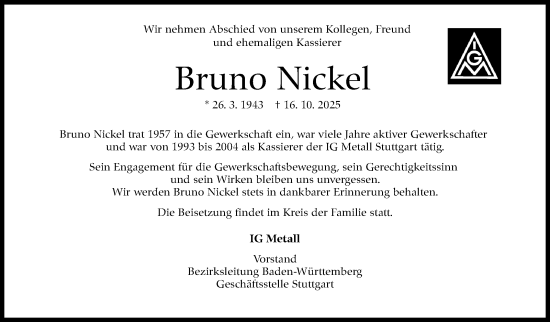 Traueranzeige von Bruno Nickel von Stuttgarter Zeitung / Stuttgarter Nachrichten