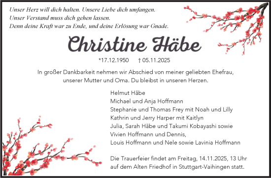 Traueranzeige von Christine Häbe von Stuttgarter Zeitung / Stuttgarter Nachrichten