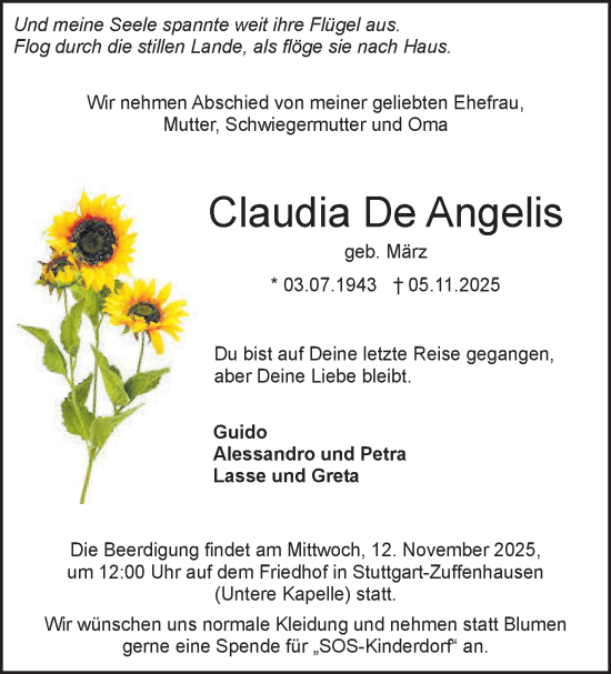 Traueranzeige von Claudia De Angelis von Stuttgarter Zeitung / Stuttgarter Nachrichten