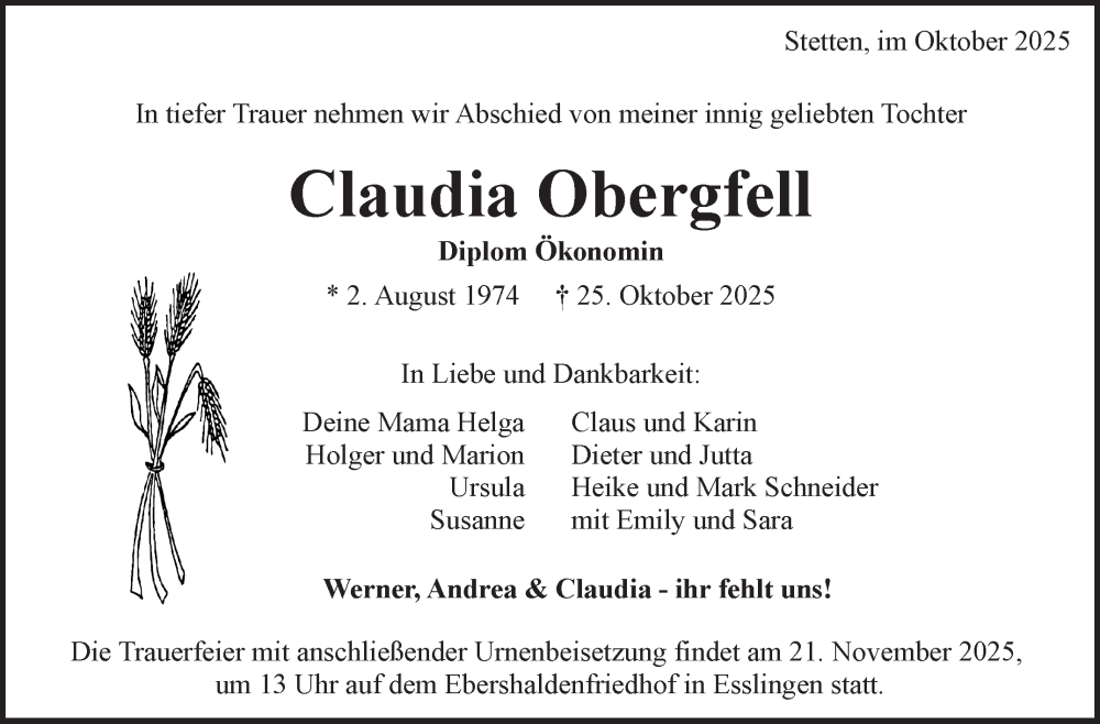  Traueranzeige für Claudia Obergfell vom 08.11.2025 aus Eßlinger Zeitung