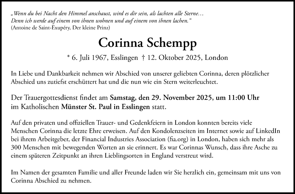  Traueranzeige für Corinna Schempp vom 15.11.2025 aus Eßlinger Zeitung