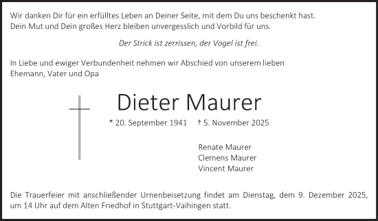 Traueranzeige von Dieter Maurer von Stuttgarter Zeitung / Stuttgarter Nachrichten