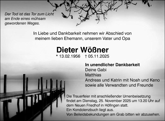 Traueranzeige von Dieter Wößner von Leonberger Kreiszeitung / Strohgäu Extra