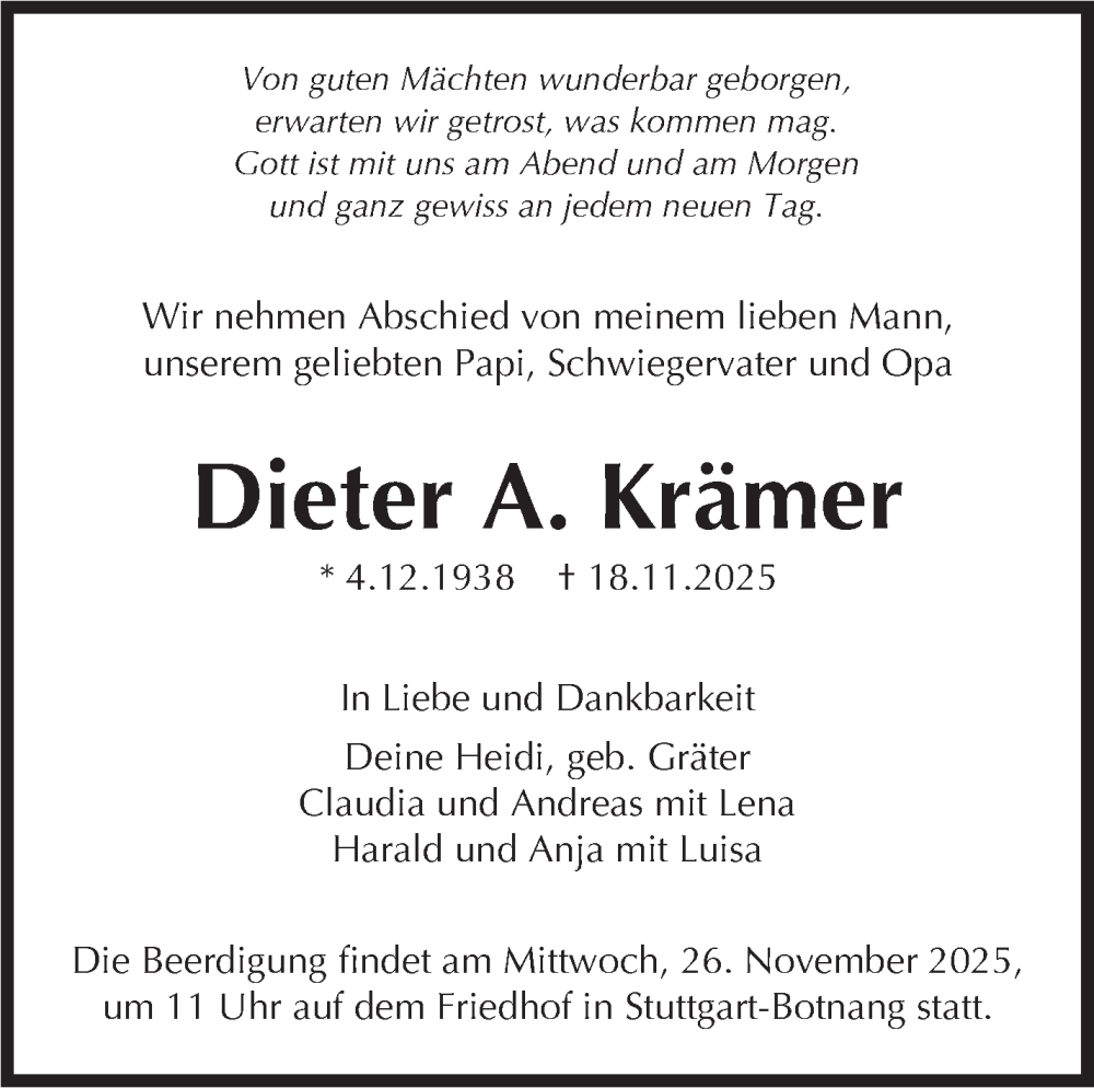  Traueranzeige für Dieter A. Krämer vom 22.11.2025 aus Stuttgarter Zeitung / Stuttgarter Nachrichten