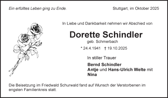 Traueranzeige von Dorette Schindler von Stuttgarter Zeitung / Stuttgarter Nachrichten