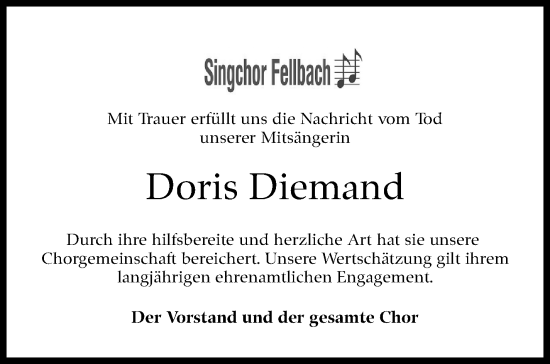 Traueranzeige von Doris Diemand von Stuttgarter Zeitung / Stuttgarter Nachrichten