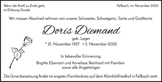 Traueranzeige von Doris Diemand von Stuttgarter Zeitung / Stuttgarter Nachrichten
