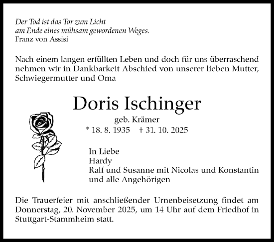Traueranzeige von Doris Ischinger von Stuttgarter Zeitung / Stuttgarter Nachrichten
