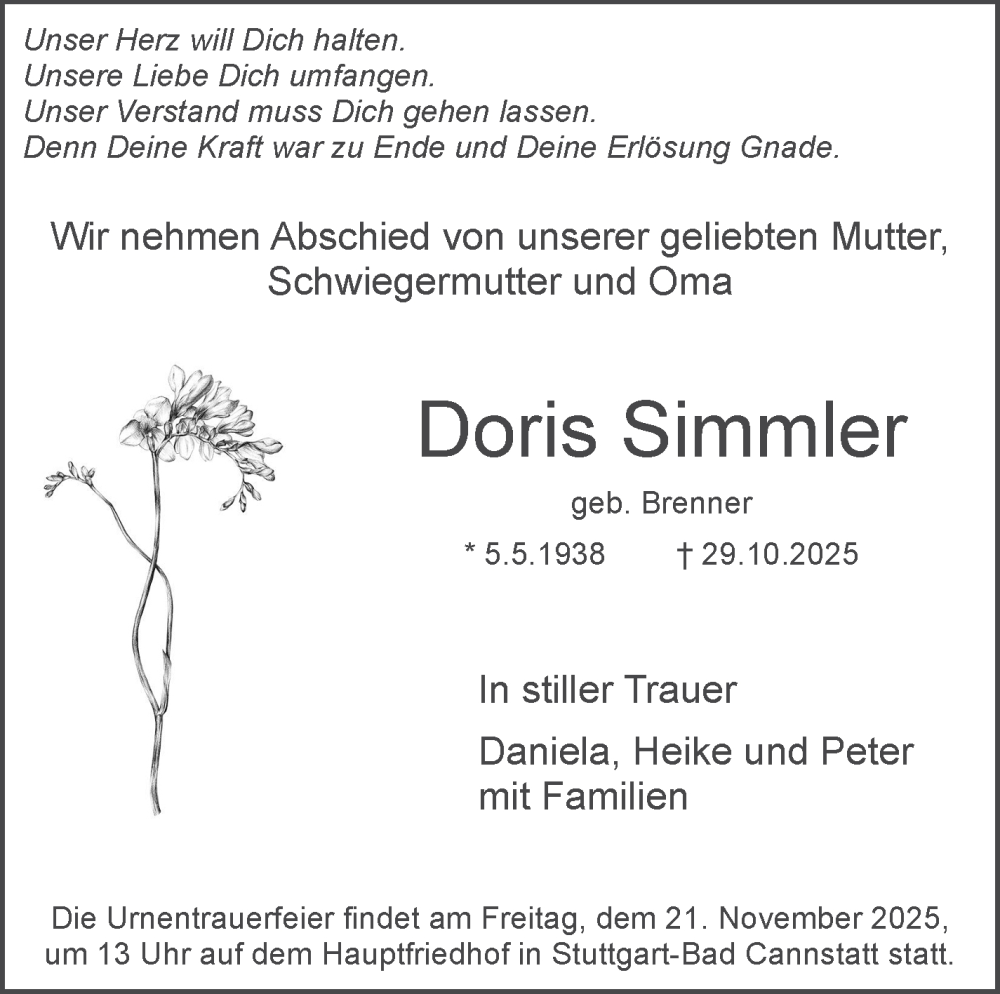  Traueranzeige für Doris Simmler vom 07.11.2025 aus Stuttgarter Zeitung / Stuttgarter Nachrichten