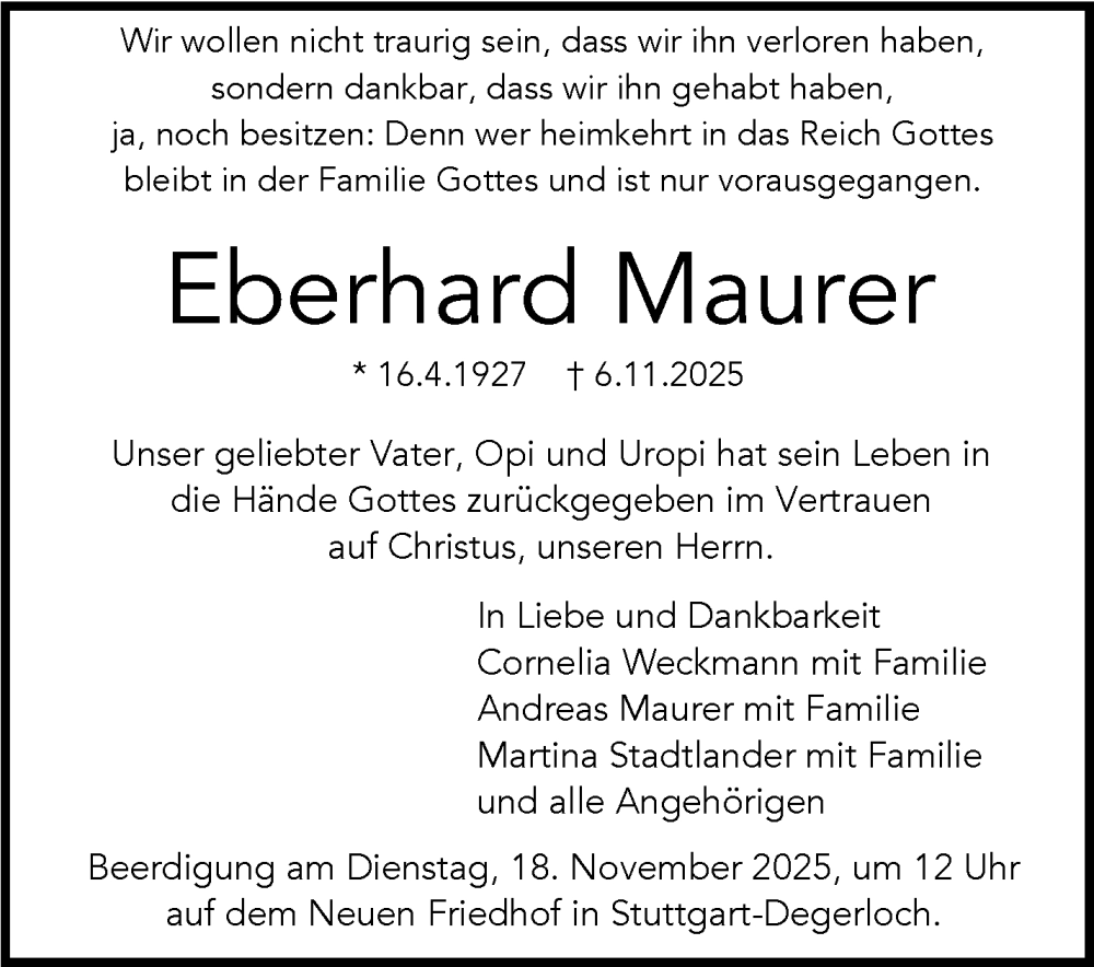  Traueranzeige für Eberhard Maurer vom 15.11.2025 aus Stuttgarter Zeitung / Stuttgarter Nachrichten