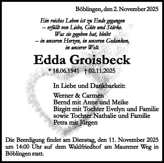 Traueranzeige von Edda Großbeck von Kreiszeitung Böblinger Bote