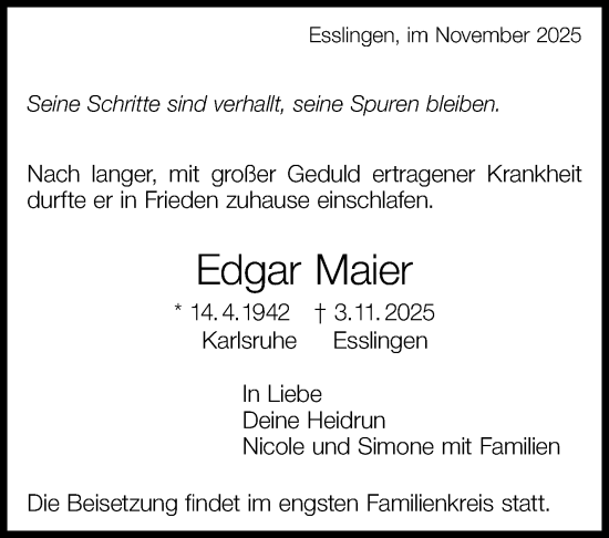 Traueranzeige von Edgar Maier von Eßlinger Zeitung