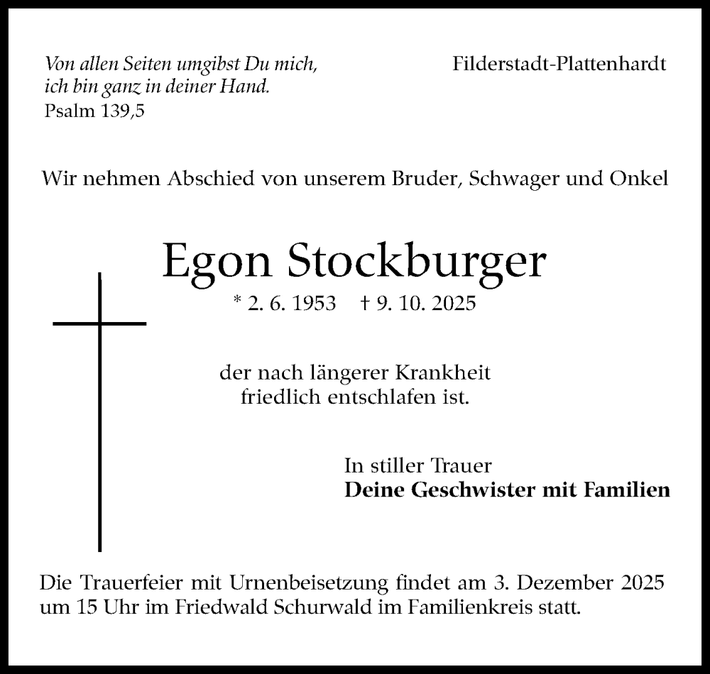  Traueranzeige für Egon Stockburger vom 24.11.2025 aus Eßlinger Zeitung