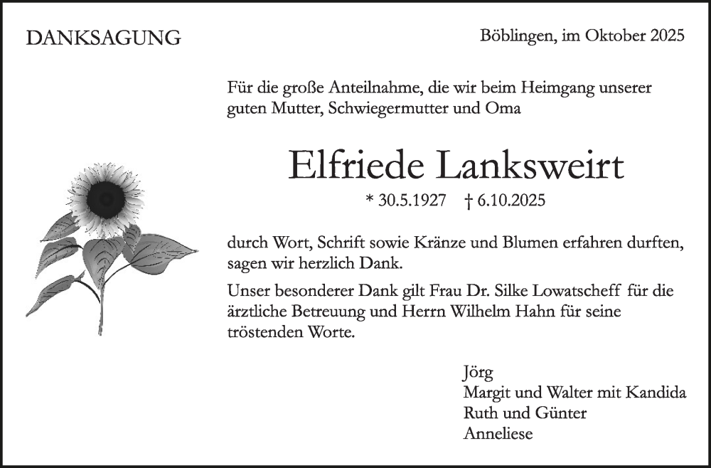  Traueranzeige für Elfriede Lanksweirt vom 08.11.2025 aus Kreiszeitung Böblinger Bote