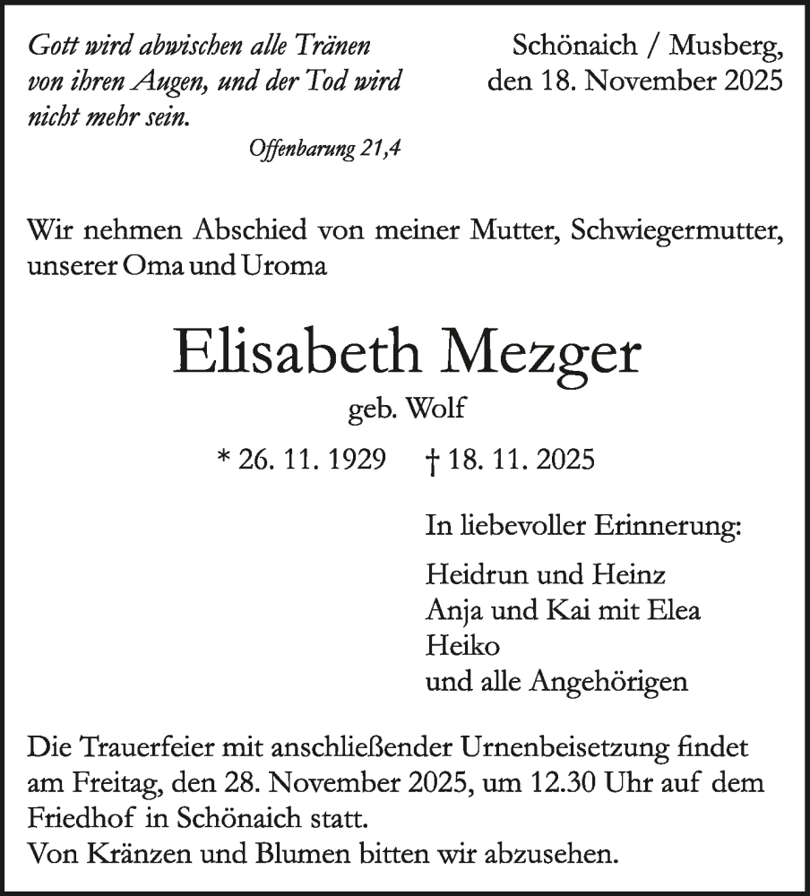  Traueranzeige für Elisabeth Mezger vom 21.11.2025 aus Kreiszeitung Böblinger Bote