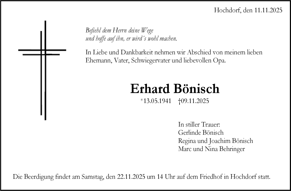  Traueranzeige für Erhard Bönisch vom 15.11.2025 aus Eßlinger Zeitung
