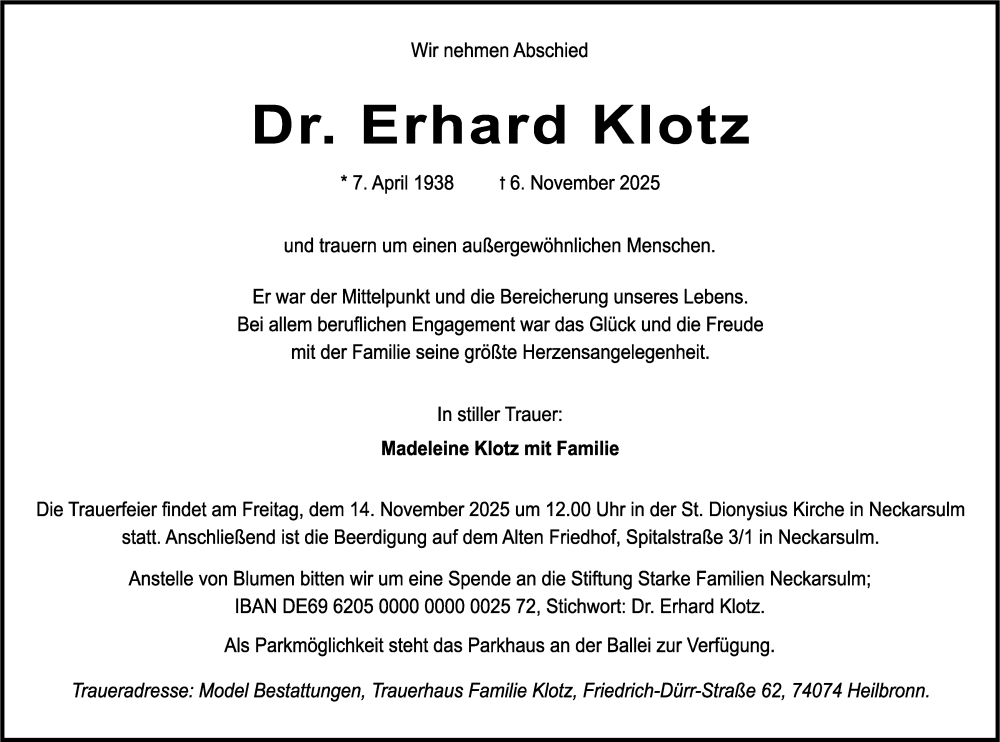  Traueranzeige für Erhard Klotz vom 12.11.2025 aus Stuttgarter Zeitung / Stuttgarter Nachrichten