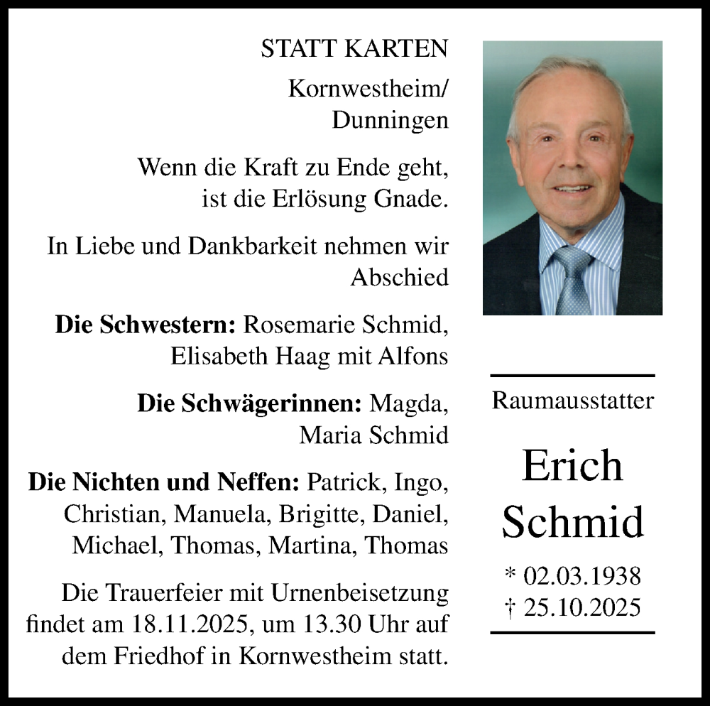  Traueranzeige für Erich Schmid vom 13.11.2025 aus Marbacher Zeitung