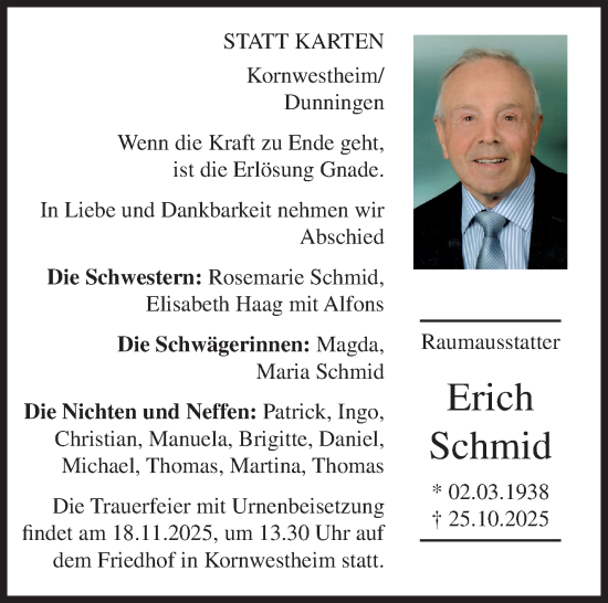Traueranzeige von Erich Schmid von Kornwestheimer Zeitung 