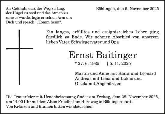 Traueranzeige von Ernst Baitinger von Kreiszeitung Böblinger Bote