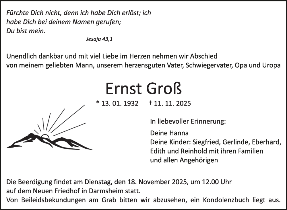  Traueranzeige für Ernst Groß vom 14.11.2025 aus Kreiszeitung Böblinger Bote