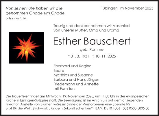 Traueranzeige von Esther Bauschert von Eßlinger Zeitung