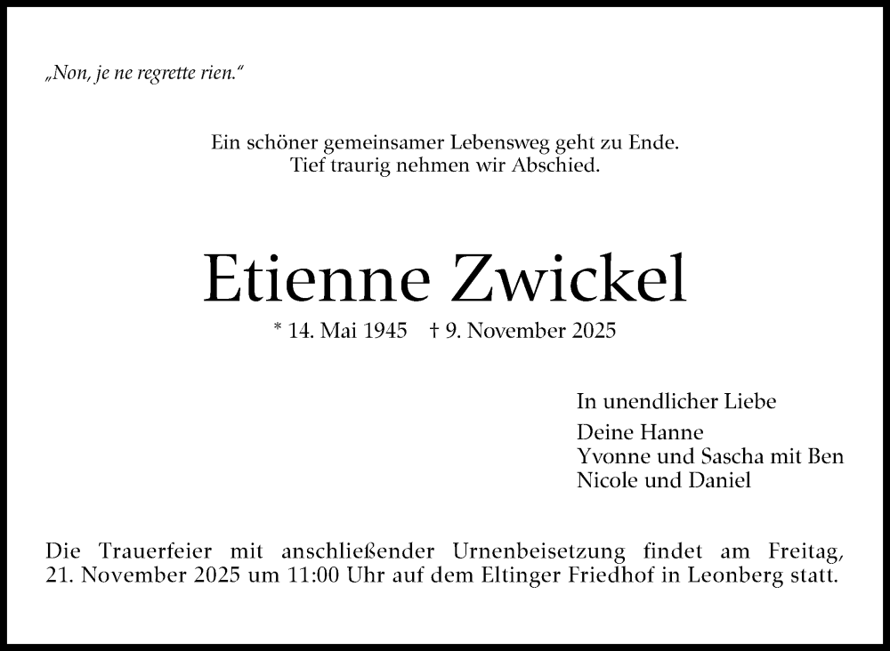  Traueranzeige für Etienne Zwickel vom 15.11.2025 aus Leonberger Kreiszeitung / Strohgäu Extra