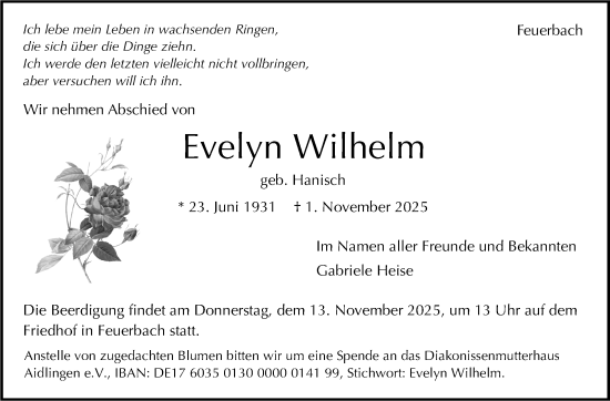 Traueranzeige von Evelyn Wilhelm von Stuttgarter Zeitung / Stuttgarter Nachrichten
