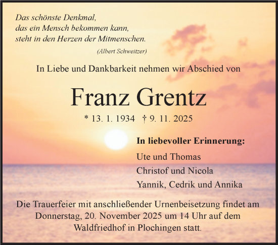Traueranzeige von Franz Grentz von Eßlinger Zeitung