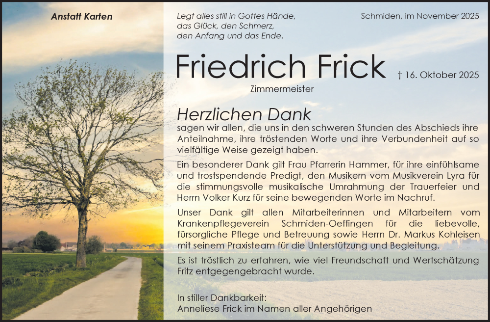  Traueranzeige für Friedrich Frick vom 12.11.2025 aus Stuttgarter Zeitung / Stuttgarter Nachrichten