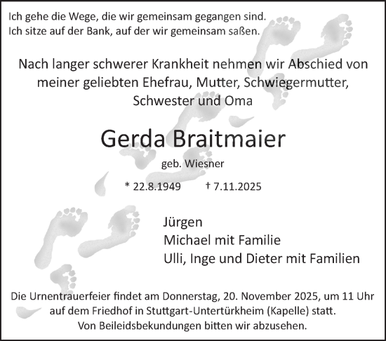 Traueranzeige von Gerda Braitmaier von Stuttgarter Zeitung / Stuttgarter Nachrichten