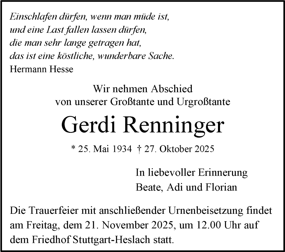  Traueranzeige für Gerdi Renninger vom 08.11.2025 aus Stuttgarter Zeitung / Stuttgarter Nachrichten
