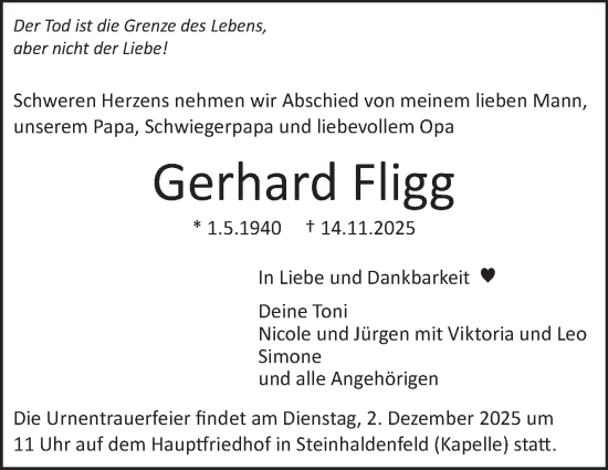 Traueranzeige von Gerhard Fligg von Stuttgarter Zeitung / Stuttgarter Nachrichten