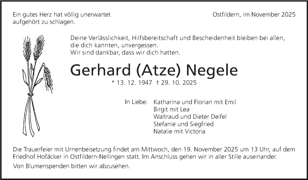  Traueranzeige für Gerhard Negele vom 08.11.2025 aus Eßlinger Zeitung
