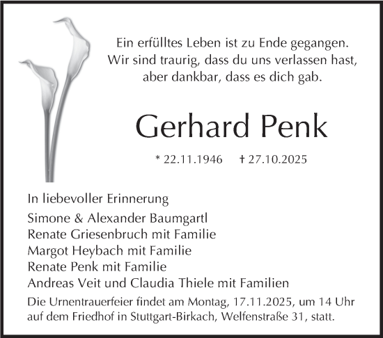 Traueranzeige von Gerhard Penk von Stuttgarter Zeitung / Stuttgarter Nachrichten