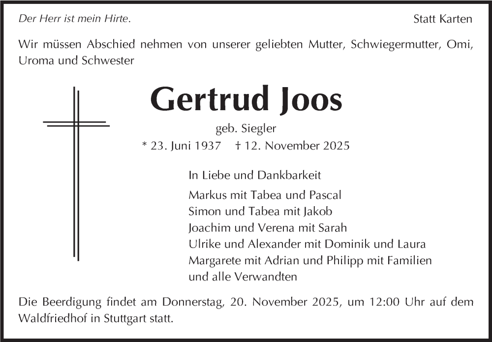  Traueranzeige für Gertrud Joos vom 17.11.2025 aus Stuttgarter Zeitung / Stuttgarter Nachrichten