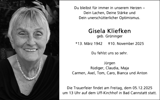 Traueranzeige von Gisela Kliefken von Stuttgarter Zeitung / Stuttgarter Nachrichten