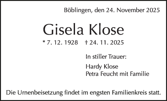 Traueranzeige von Gisela Klose von Kreiszeitung Böblinger Bote
