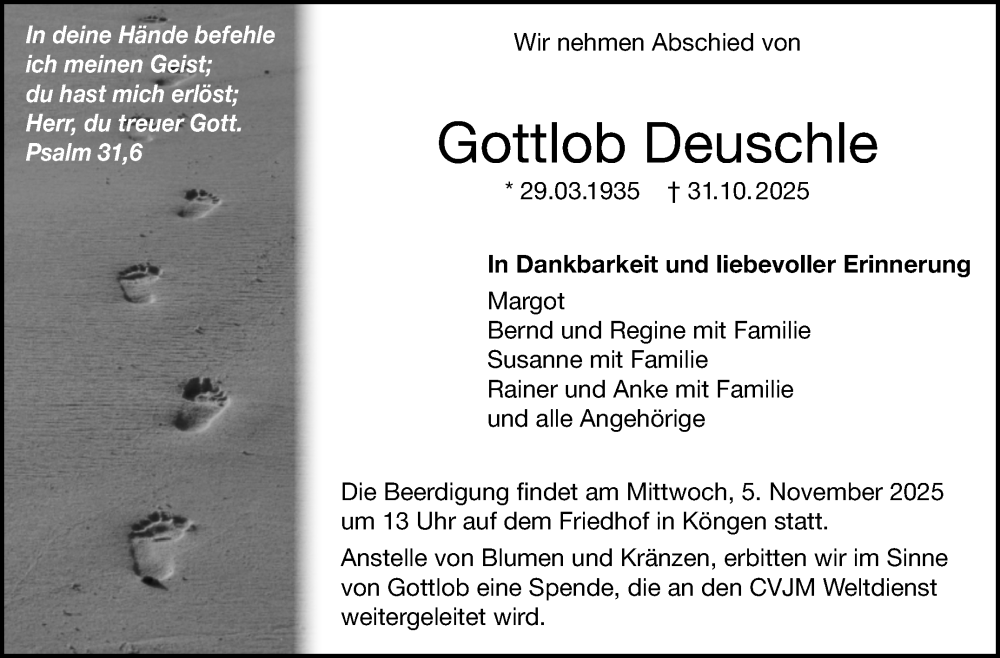  Traueranzeige für Gottlob Deuschle vom 04.11.2025 aus Eßlinger Zeitung
