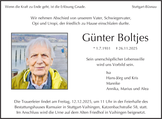 Traueranzeige von Günter Boltjes von Stuttgarter Zeitung / Stuttgarter Nachrichten