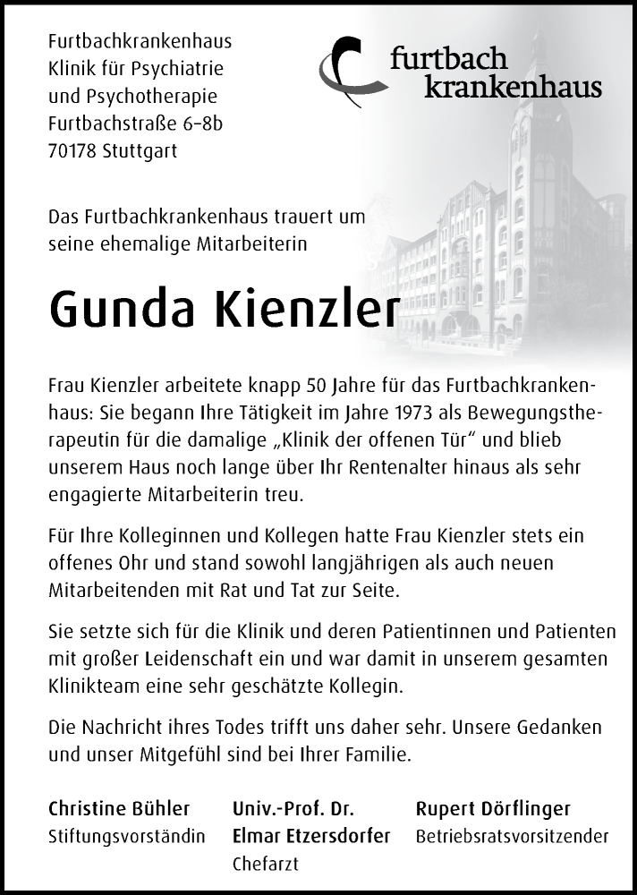 Traueranzeige für Gunda Kienzler vom 28.11.2025 aus Stuttgarter Zeitung / Stuttgarter Nachrichten