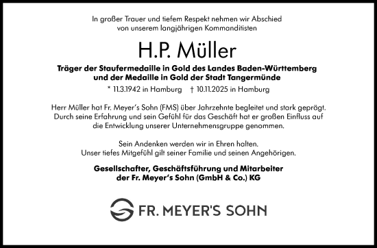 Traueranzeige von H.P. Müller von Stuttgarter Zeitung / Stuttgarter Nachrichten