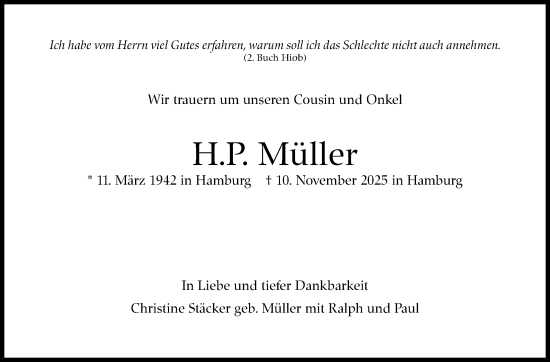 Traueranzeige von H.P. Müller von Stuttgarter Zeitung / Stuttgarter Nachrichten