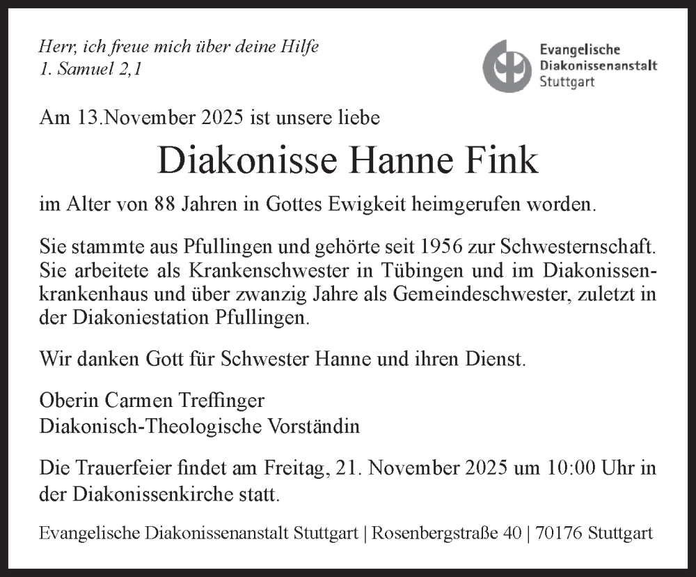  Traueranzeige für Hanne Fink vom 18.11.2025 aus Stuttgarter Zeitung / Stuttgarter Nachrichten